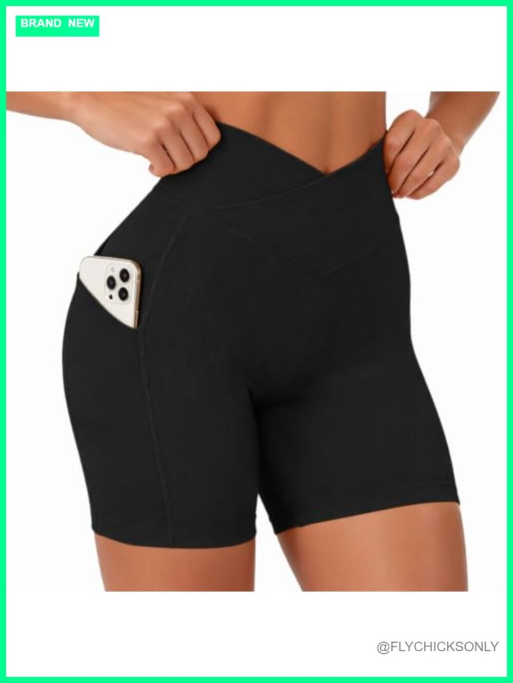 Seamless Ribbed Biker Shorts High Waisted Cross Waist 5" with Pockets